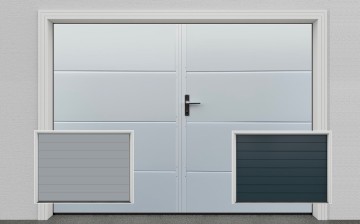 Dvoukřídlá ZATEPLENÁ garážová vrata, vnější rozměr rámu šířka 2700 mm