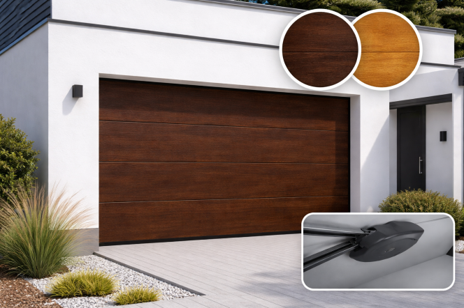 Sekční garážová vrata do šířky 3500 mm v imitaci dřeva s pohonem